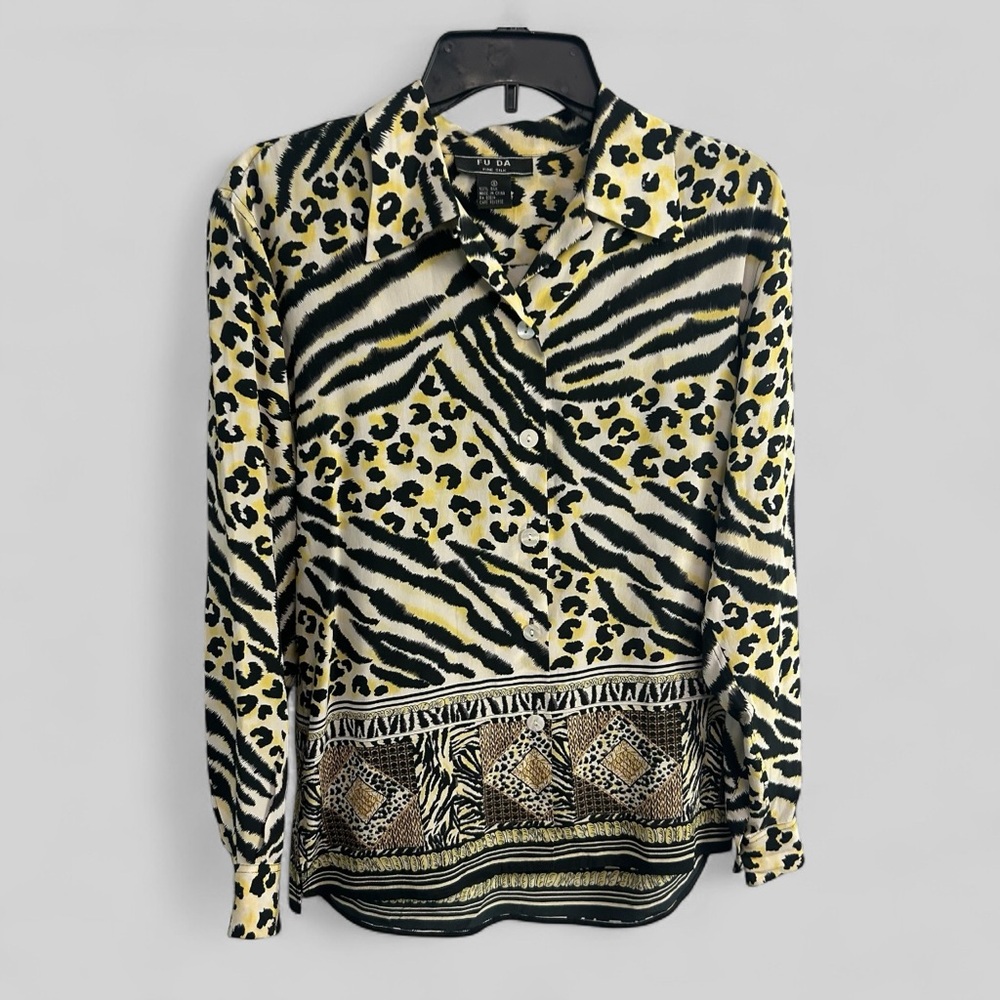 FU DA Fine Silk mixed media animal print safari blouse size Small Vintage retro